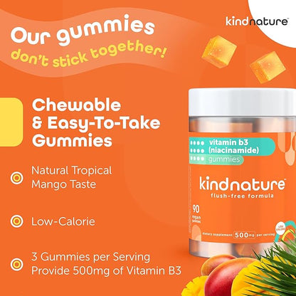 Kind Nature Vitamin B3 Niacin Gummies - Flush Free Niacinamide 500mg Supplement - Vegan, Non-GMO, Low-Calorie, Gluten-Free, Soy-Fee, 3rd Party Lab Tested - 1 Month Supply, 90 Chewable Gummies
