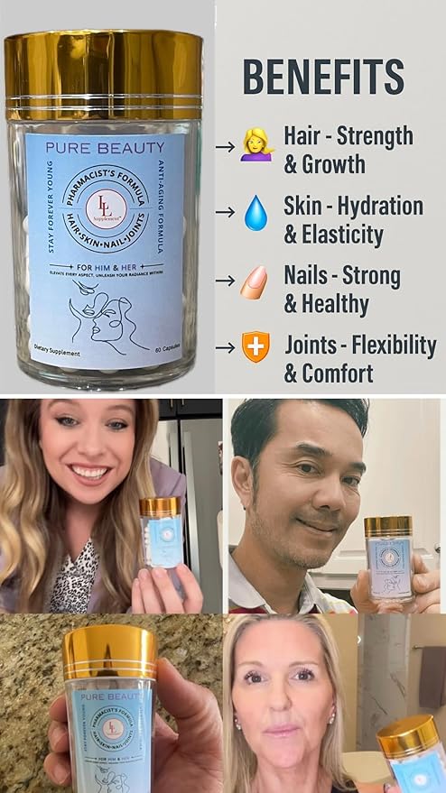 Pure Beauty by LL Supplement – Pharmacist-Formulated Anti-Aging Collagen, NR, Resveratrol, Hyaluronic Acid, CoQ10 – Glow, Hydrate, Renew from Within – 60 Capsules