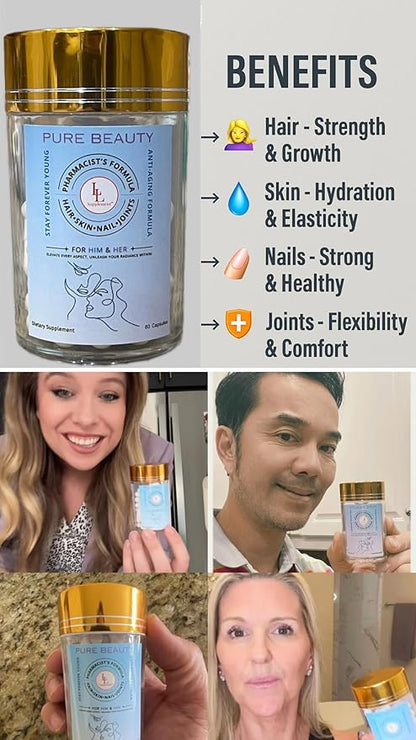 Pure Beauty by LL Supplement – Pharmacist-Formulated Anti-Aging Collagen, NR, Resveratrol, Hyaluronic Acid, CoQ10 – Glow, Hydrate, Renew from Within – 60 Capsules