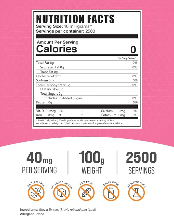 BulkSupplements.com Stevia Extract Powder - Stevia Sweetener, Pure Stevia Powder - Zero Calorie Sweetener, Gluten Free, 40mg per Serving, 100g (3.5 oz) (Pack of 1)