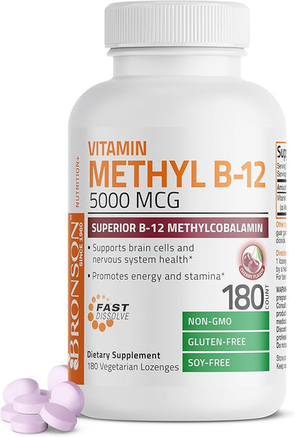 Bronson Methyl B12 5000 mcg Vitamin B12 Methylcobalamin Energy & Brain Support, 180 Lozenges