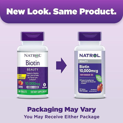 Natrol Beauty Biotin 10000mcg, Dietary Supplement for Healthy Hair, Skin, Nails and Energy Metabolism, 60 Strawberry-Flavored Fast Dissolve Tablets, 60 Day Supply (Pack of 12)