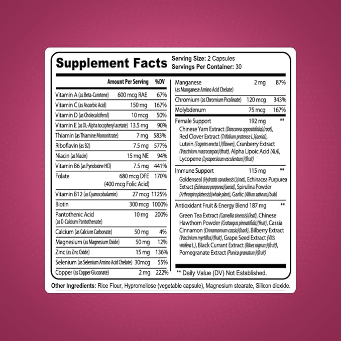 MULTIVITAMIN for Active Women, 60 Capsules, Multivitamin & Multi-Mineral Supplement for Women, Helps Support Energy Levels, Focus, Concentration & Immune Health