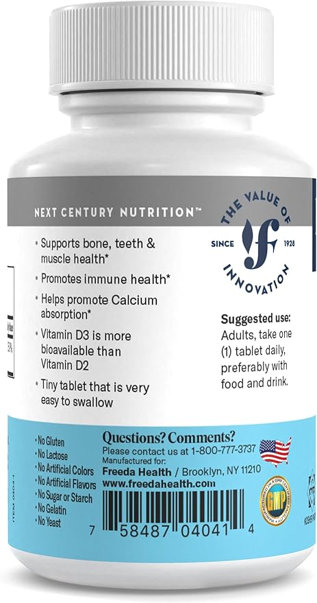 FREEDA Vitamin D3-2000 IU – High-Potency Vitamin D for Bone Strength & Immune Support – Easy-to-Swallow Tablets – 100 Tiny Tablets