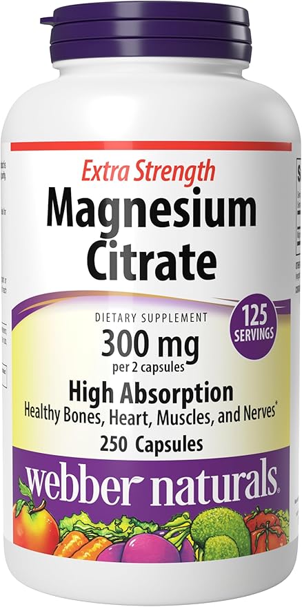 Webber Naturals Magnesium Citrate 300 mg, Extra Strength, 300 mg Per Serving, 250 Capsules, High Absorption, Helps Support Bones, Teeth and Proper Muscle & Heart Function, Gluten & Dairy Free