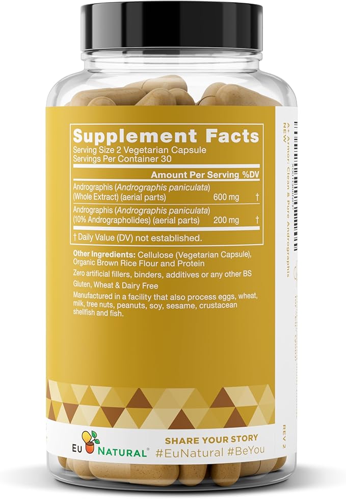 Eu Natural A+ Armor Andrographis Pure 800 Mg – Healthy Immune System Function, Physical Wellness, Potent Strength for Seasonal Protection – Full-Spectrum & Standardized – 60 Vegan Soft Capsules