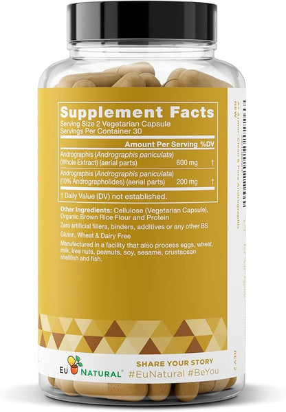 Eu Natural A+ Armor Andrographis Pure 800 Mg – Healthy Immune System Function, Physical Wellness, Potent Strength for Seasonal Protection – Full-Spectrum & Standardized – 60 Vegan Soft Capsules