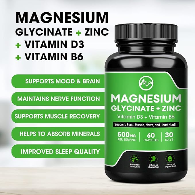 Magnesium Glycinate Capsules, Magnesium Glycinate Supplement with Zinc, Vitamin D3 & B6 - Promotes Nerve, Bowel, Relaxation Function - 60 Vegan Capsules