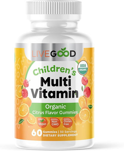 LIVEGOOD™ Organic Childrens Multivitamin Gummies, Chewable Daily Supplement with Vitamin C & Zinc for Kids, Citrus Flavor, 60 Gummies