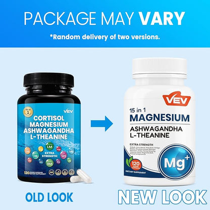 VEV Magnesium Glycinate & Citrate Cortisol Supplements for Women, Stress and Sleep Support with Ashwagandha & L-Theanine, cortisol Manager, 120 Vegan Capsules