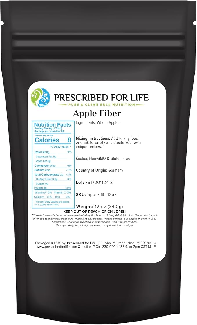 Prescribed For Life Apple Fiber Powder, Natural Apple Pectin Fiber Supplement for Digestive Health, Vegan, Non GMO, Gluten Free (12oz / 340g)
