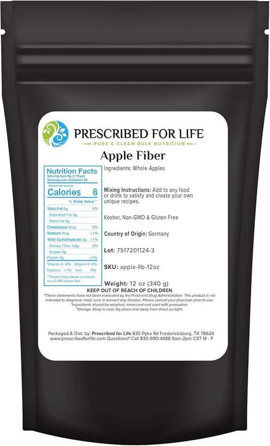 Prescribed For Life Apple Fiber Powder, Natural Apple Pectin Fiber Supplement for Digestive Health, Vegan, Non GMO, Gluten Free (12oz / 340g)