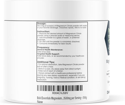 Pure Magnesium Citrate Powder – Unflavored 250g Supplement for Muscle, Heart & Digestive Support – USA Made, Free from GMO & Gluten – Magnesio 3.5g Per Serving