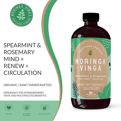 VINGA Organic Spearmint & Rosemary Moringa Infusion – Daily Herbal Tonic with Apple Cider Vinegar, Honey | Supports Mental Clarity & Circulation | Non-GMO, 8 oz
