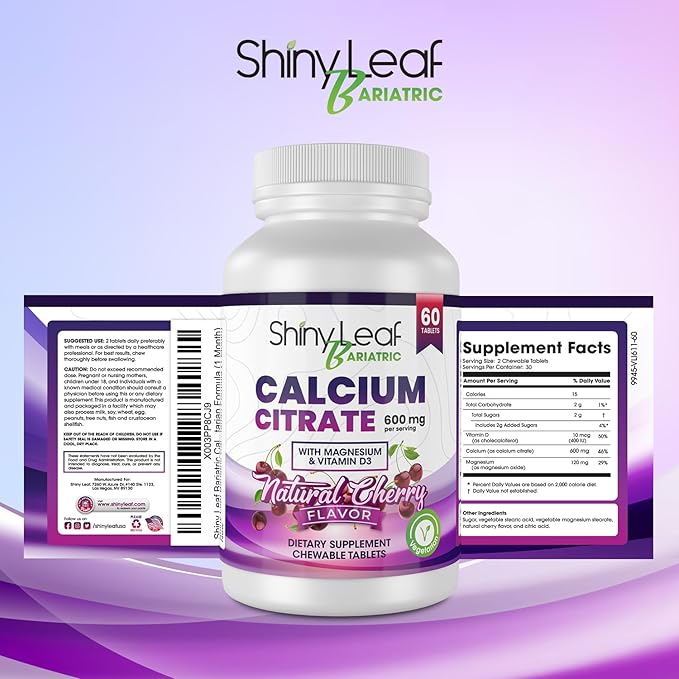 Shiny Leaf Bariatric Calcium Citrate Chews - 600mg, with Vitamin D 3 Plus Magnesium - Chewable Supplements for Women and Men, Bariatric Patients Vitamins for Bone and Joints Health, 120 Count, Cherry