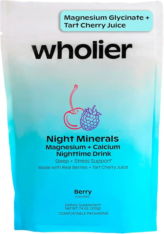 wholier Magnesium Glycinate, Tart Cherry Juice, Chelated Calcium. Calming Nighttime Drink. Natural Support for Sleep, Stress + Relaxation. Night Minerals. (30 Servings)