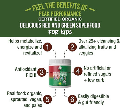 Kids Greens and Reds Superfood Powder. Best Tasting Organic Vegan Super Food Juice with 25+ Real Fruits and Vegetables. Gluten Free Real Food Vitamins. Green and Red Superfoods Supplement for Children