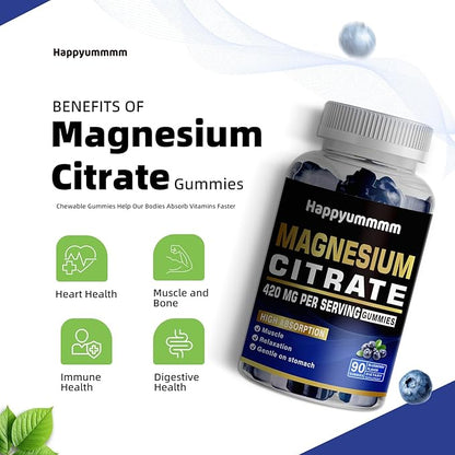Magnesium Citrate Gummies 420mg per Serving - Promotes Healthy Relaxation, Muscle, Bone, & Energy Support (90 Blueberry Gummies).