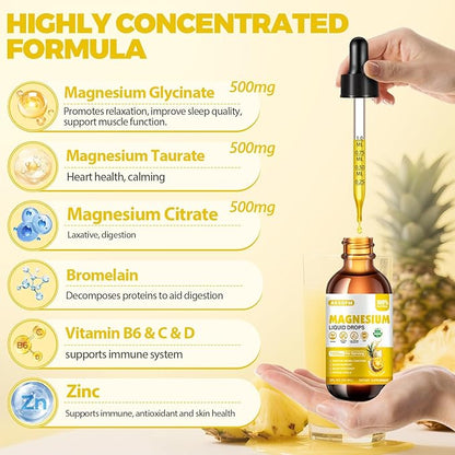 Magnesium Glycinate Liquid - 1500mg Maximized Absorption Magnesium Complex Supplement to Support Stress Relief, Night, Heart Health, Nerves and Muscles - Pineapple Flavor (60ml)