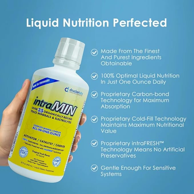 DRUCKER Labs - IntraMIN Organic Liquid Trace Minerals Dietary Supplement for Men, Women, Kids, Immune Support, Muscle Support, Non GMO, Gluten Free, Vegan, Electrolytes (32 oz., Tropical Fruit Punch)