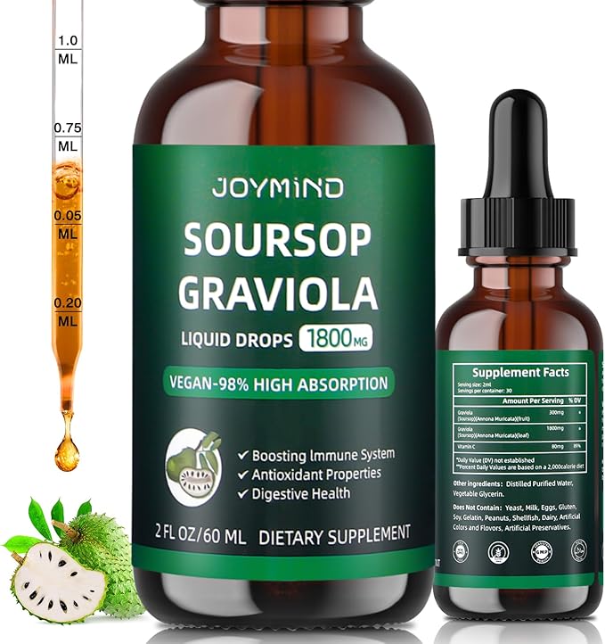 Graviola Soursop Leaf Extract Liquid - Soursop Bitters Liquid, Immune Boost, Relax, Liver and Sleep, Vegan, Sugar & Gluten Free, 98% Absorption Rate, Natural Flavor, 2 Month Supply 60ML