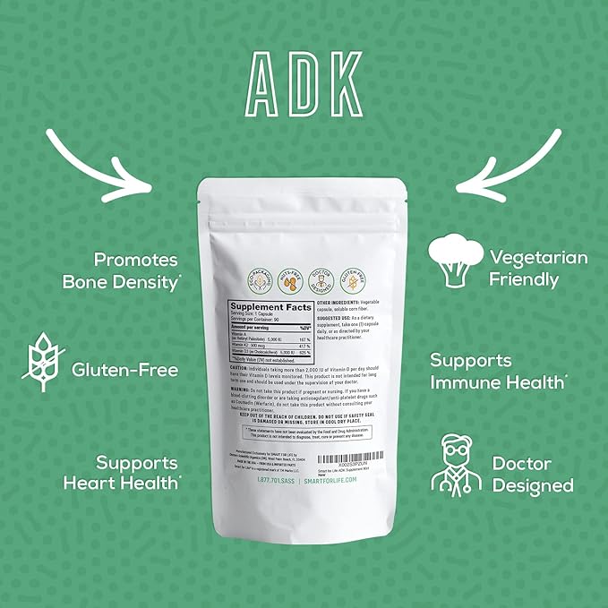 Smart for Life ADK Vitamins Supplement - High Potency Vitamin ADK - Vitamin D3, Vitamin K2 & Vitamin A - Supports Bone and Heart Health - 5,000 IU Vitamin A - 5,000 IU Vitamin D3-500mcg Vitamin K2