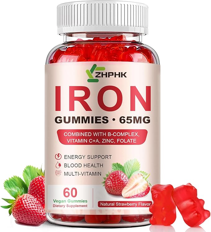 Iron Supplement Gummies, 65mg Iron and 250mg Vitamin C for Women Men Kids, Natural Vegan Iron Gummy with Vitamin A, B-Complex, Biotin, Zinc & Folate Energy Support & Immune Health, 60 Gummies