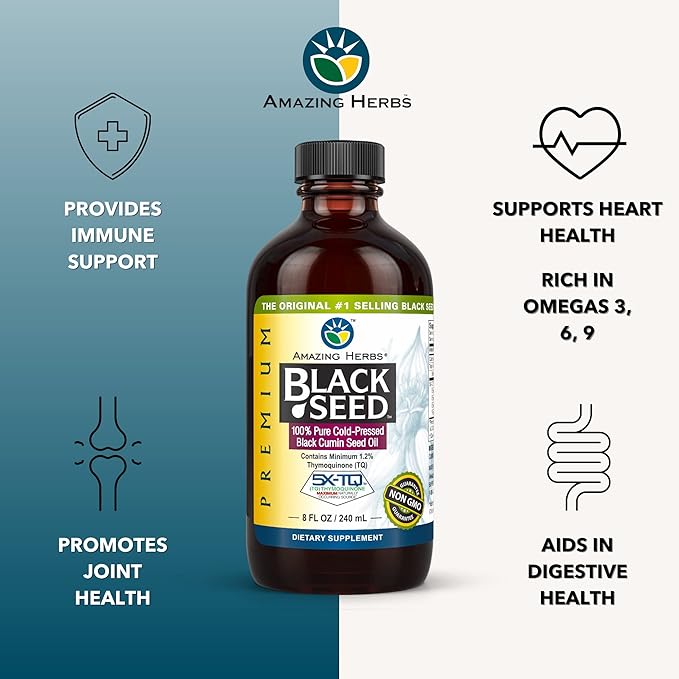 Amazing Herbs Premium Black Seed Oil - Gluten Free, Non GMO, Cold Pressed Nigella Sativa Aids in Digestive Health, Immune Support, Brain Function - 8 Fl Oz