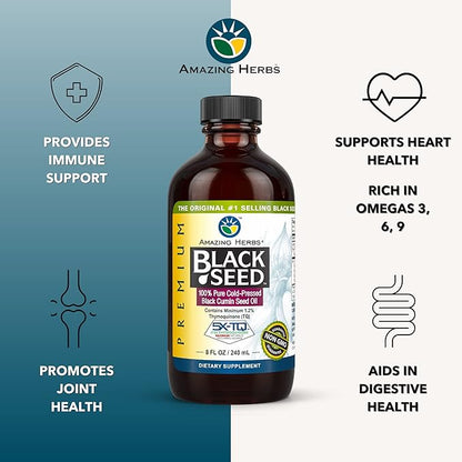 Amazing Herbs Premium Black Seed Oil - Gluten Free, Non GMO, Cold Pressed Nigella Sativa Aids in Digestive Health, Immune Support, Brain Function - 8 Fl Oz