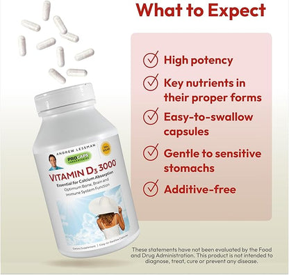 ANDREW LESSMAN Vitamin D3 3000 IU 180 Capsules - High Potency, Essential for Calcium Absorption, Supports Bone Health, Healthy Muscle Function, Immune System, More. Small Easy to Swallow Capsules