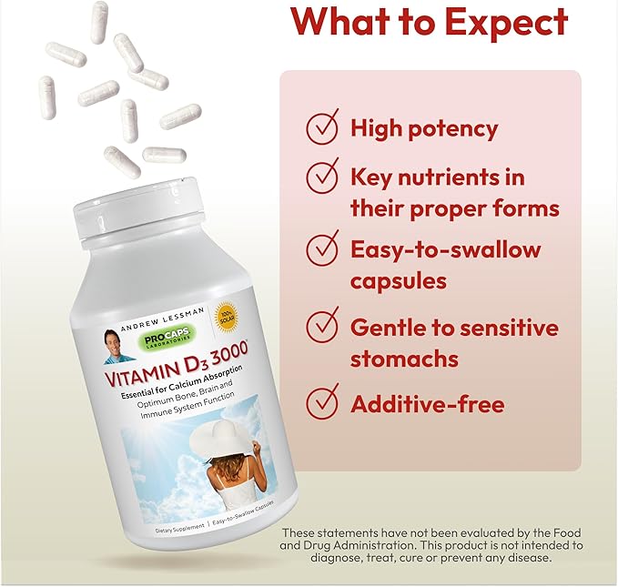 ANDREW LESSMAN Vitamin D3 3000 IU 360 Capsules - High Potency, Essential for Calcium Absorption, Supports Bone Health, Healthy Muscle Function, Immune System, More. Small Easy to Swallow Capsules