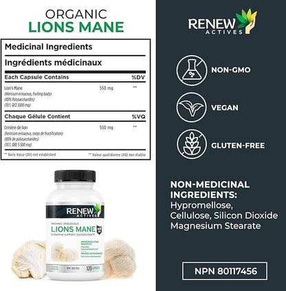 Renew Actives Premium Organic Lion's Mane Mushroom 1100MG per 2 Capsules - Supports Brain Function, Memory, Focus, Stress Relief & Immune Health, Non-GMO, Vegan - Made in Canada - 120 Capsules