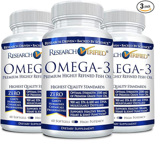 Research Verified Omega 3-1800mg Omega 3 Fish Oil - High 900mg EPA + 600mg DHA - No Aftertaste - 60 Softgel Capsules - 3 Bottles