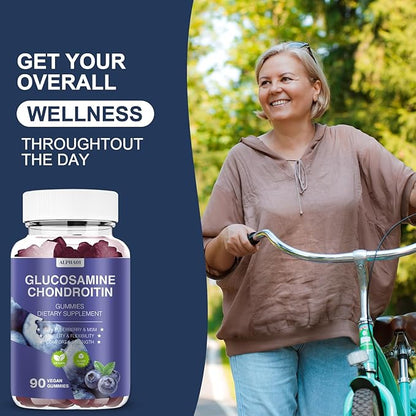 Glucosamine Chondroitin Gummies - 3000MG Extra Strength Joint Support Supplement with MSM & Elderberry, Flexibility, Antioxidant Immune Support Gummy for Adults, Men & Women 90 Blueberry Gummies