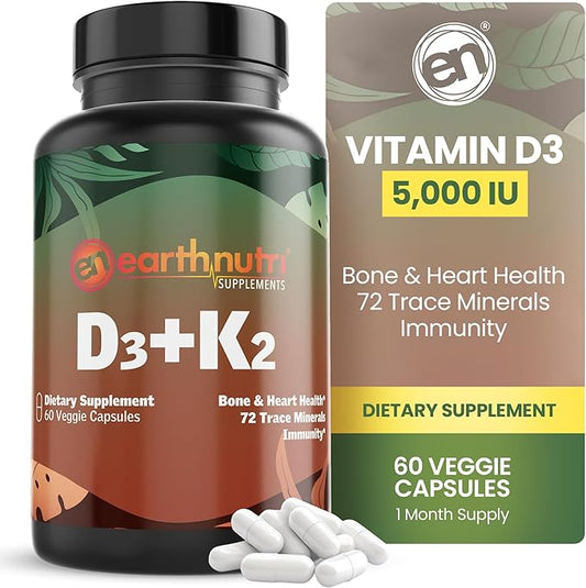 Vitamin D3 K2 Supplement 5000 IU – Includes K2 from MENA Q7, D3 from Vitashine, Calcium from Aquamin & 72 Trace Minerals – for Immune, Bone & Heart Health – Non-GMO – 60 Veg Capsules