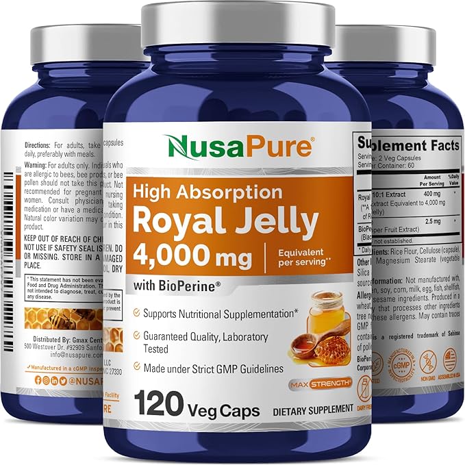 NusaPure Royal Jelly 10:1 Extract, 400 mg Equivalent to 4000mg - 120 Veggie Capsules (Non-GMO, Gluten Free, Bioperine)
