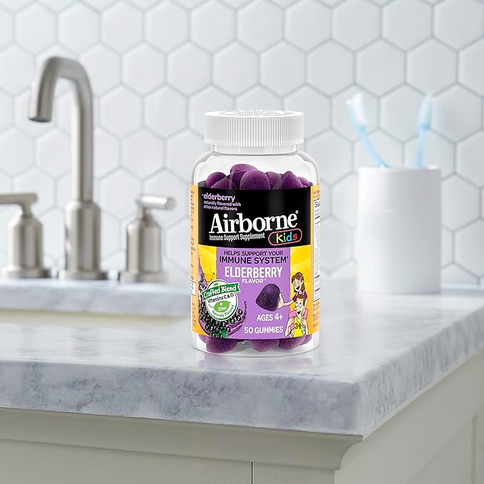 Airborne Kids Elderberry + Zinc & Vitamin C Gummies, Kids Immune Support with Powerful Antioxidants VIT D & E - 50 Gummies, Elderberry Flavor