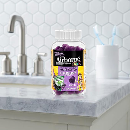 Airborne Kids Elderberry + Zinc & Vitamin C Gummies, Kids Immune Support with Powerful Antioxidants VIT D & E - 50 Gummies, Elderberry Flavor