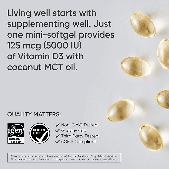 Sports Research Vitamin D3 5000 IU with Coconut MCT Oil - High Potency Vitamin D Supplement for Immune & Bone Support - Non-GMO Verified, Gluten & Soy Free – 125mcg, 30 Liquid Softgels