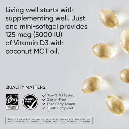 Sports Research Vitamin D3 5000 IU with Coconut MCT Oil - High Potency Vitamin D Supplement for Immune & Bone Support - Non-GMO Verified, Gluten & Soy Free – 125mcg, 30 Liquid Softgels