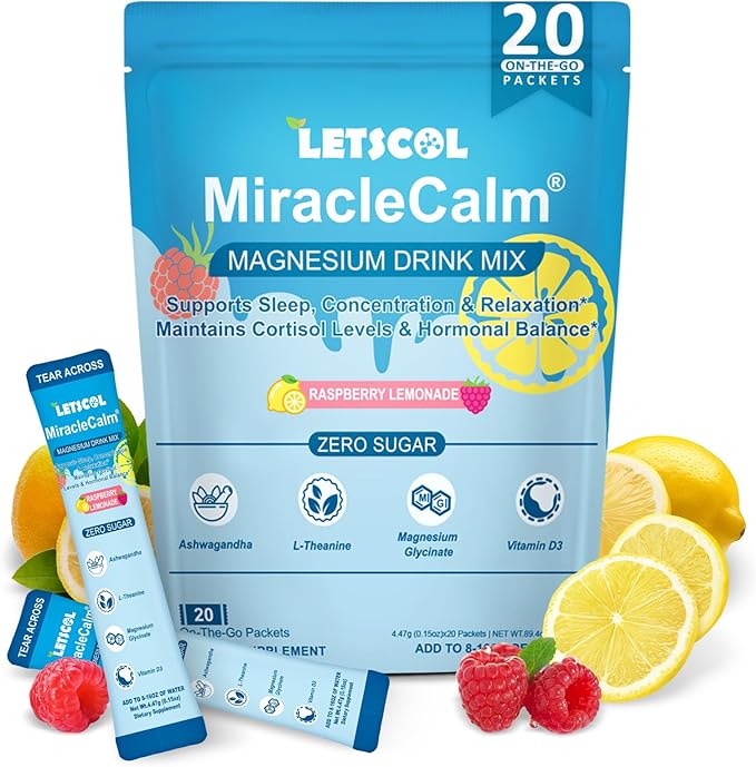 MiracleCalm Drink Mix Powder, Calm Magnesium Calcium Supplement, Cortisol Drink Powdered for Sleep, Relaxed & Focus with Easily Absorbed L-Theanine, Vitamin D3, Ashwagandha, Sugar Free