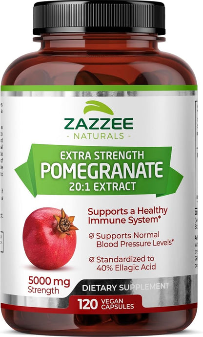 Zazzee Extra Strength Pomegranate 20:1 Extract, 5000 mg Strength, 40% Ellagic Acid, 120 Vegan Capsules, 4 Month Supply, Standardized, Concentrated 20X Extract, 100% Vegetarian, All-Natural and Non-GMO