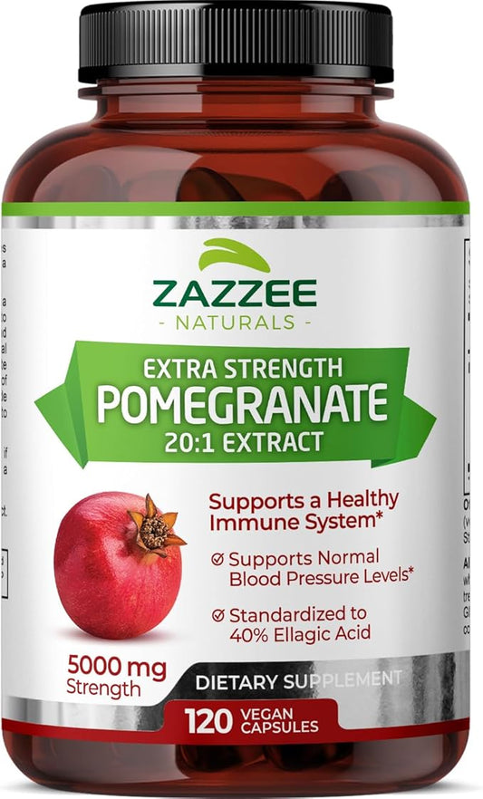 Zazzee Extra Strength Pomegranate 20:1 Extract, 5000 mg Strength, 40% Ellagic Acid, 120 Vegan Capsules, 4 Month Supply, Standardized, Concentrated 20X Extract, 100% Vegetarian, All-Natural and Non-GMO