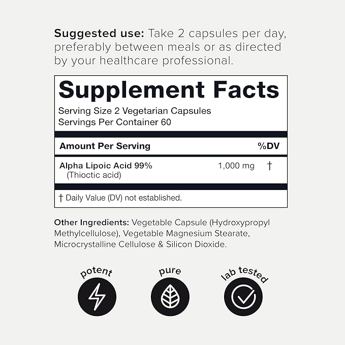 Toniiq 1000mg Ultra High Strength Alpha Lipoic Acid Capsules - Highly Purified 99%+ USP Standard - 120 Capsules ALA Supplement