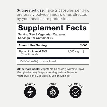 Toniiq 1000mg Ultra High Strength Alpha Lipoic Acid Capsules - Highly Purified 99%+ USP Standard - 120 Capsules ALA Supplement