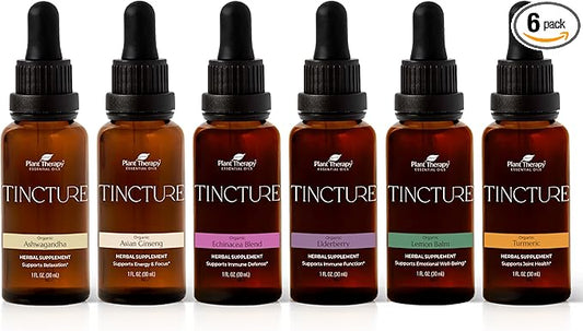 Plant Therapy Organic Tinctures Beginner Set 30 mL Each of Organic Ashwagandha, Asian Ginseng, Echinacea Blend, Elderberry, Lemon Balm & Turmeric