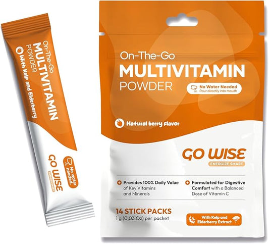 On The go Multivitamin Powder - Natural Berry Flavor - 14 Convenient Stick Packs - Portable Vitamin Supplement for Travel, Daily Nutrition, Energy and Immune Support: for Men and Women.