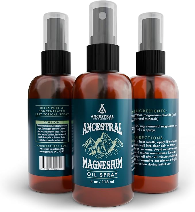 Ancestral Supplements Magnesium Spray, Magnesium for Sleep + Muscle Support, Made with Magnesium Chloride & Natural Minerals, Fast Absorbing Topical Magnesium Oil Supplement for Body Application, 4 oz