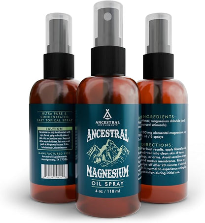 Ancestral Supplements Magnesium Spray, Magnesium for Sleep + Muscle Support, Made with Magnesium Chloride & Natural Minerals, Fast Absorbing Topical Magnesium Oil Supplement for Body Application, 4 oz