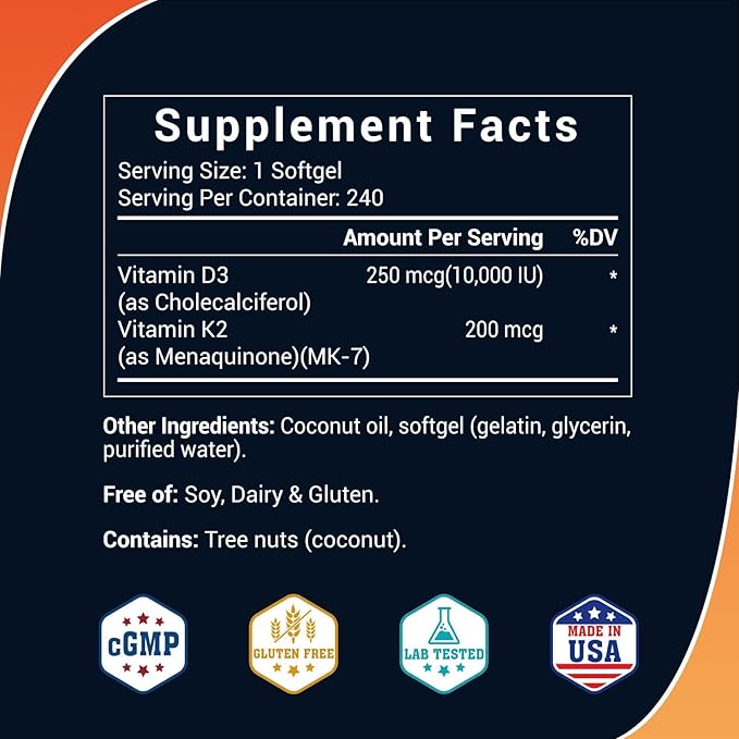 Vitamin D3 K2 10000 IU Plus K2 (MK-7) 200 mcg, 120 Coconut Oil Softgels| 2 in 1 VIT D & K Complex | Supports Calcium Absorption, Bone, Teeth, Heart & Immune Health,120Count
